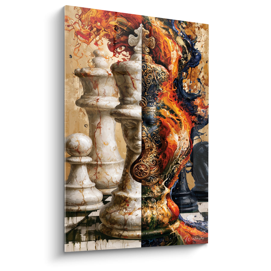 Tableau Pièces d'échecs blanches et dorées enflammées - Duel embrasé - Edition Echecs