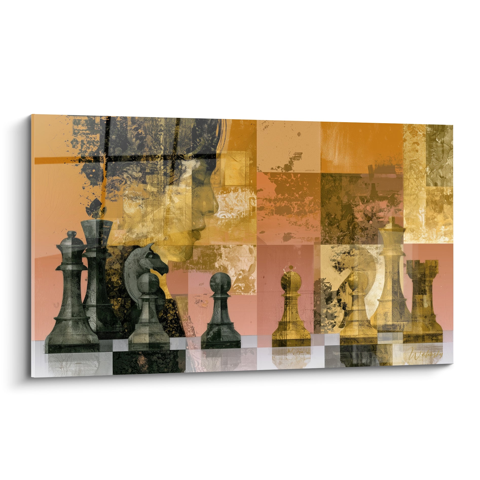 Échecs en confrontation, pièces anthracite et dorées sur fond ocre et terracotta abstrait