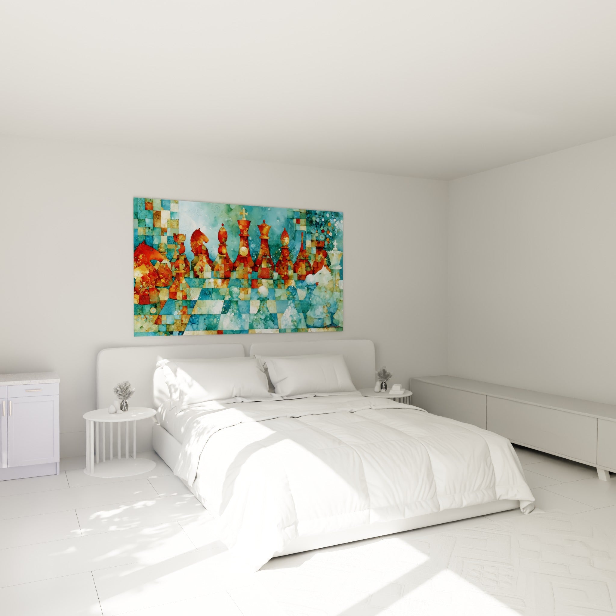Pièces d'échecs terracotta et bleu pastel disposées au-dessus d'un lit dans une chambre claire