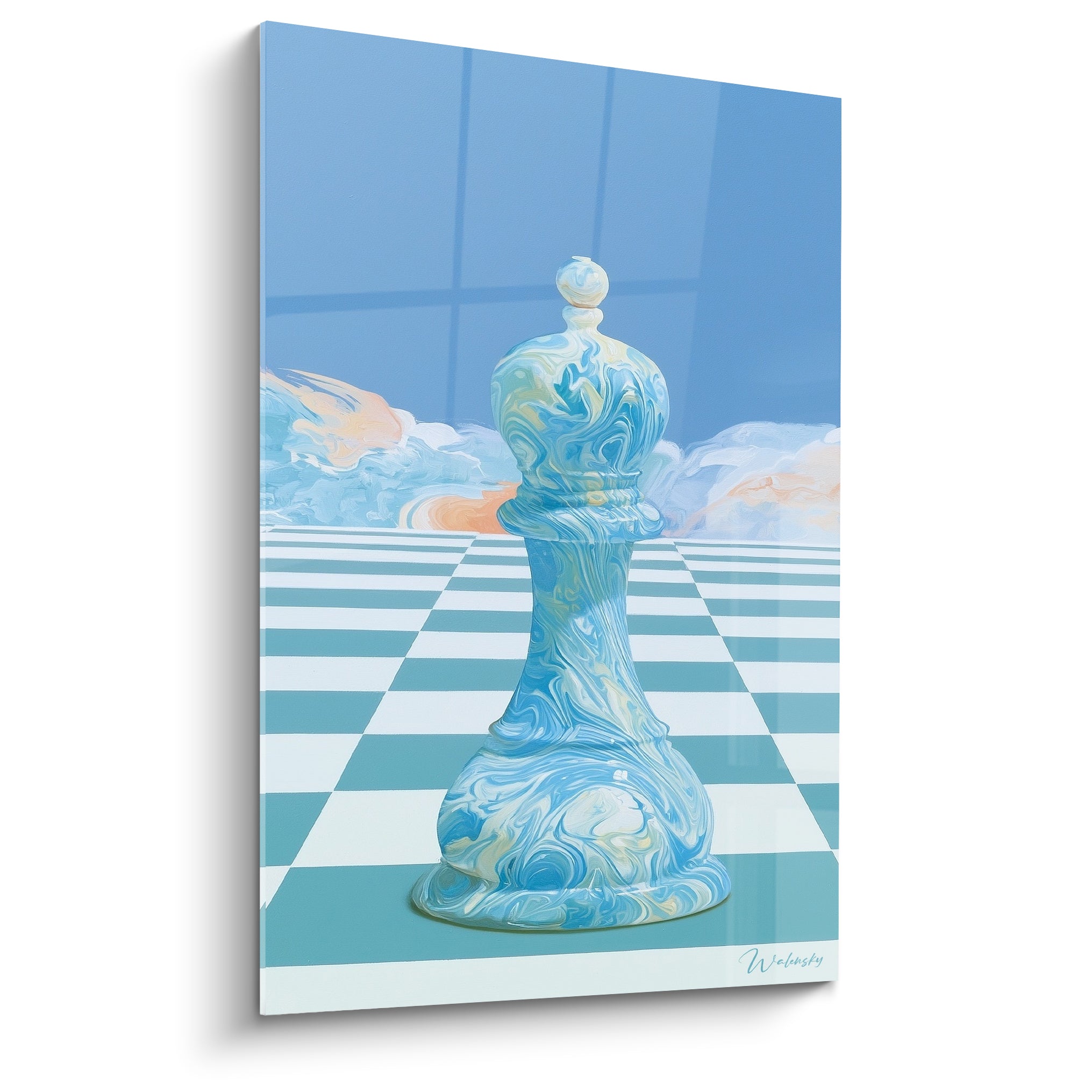 Pion d'échecs bleu marbré et blanc nacré posé sur un échiquier turquoise infini