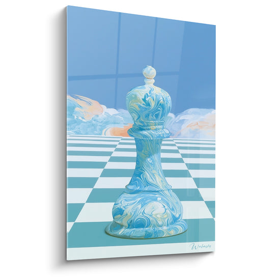 Tableau Pion bleu et blanc sur échiquier - Attente stratégique - Edition Echecs