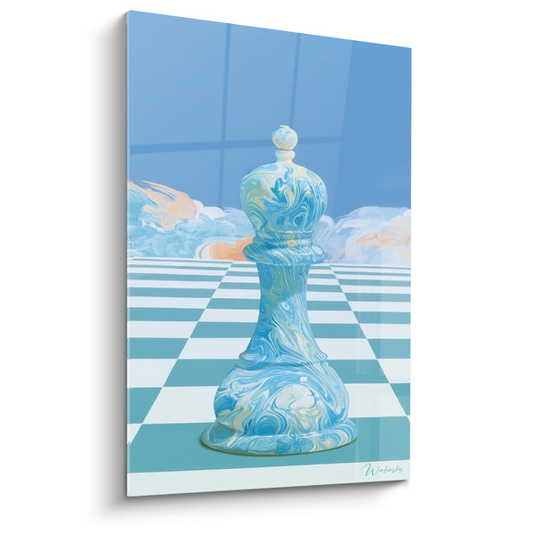 Tableau Pion bleu et blanc sur échiquier - Attente stratégique - Edition Echecs