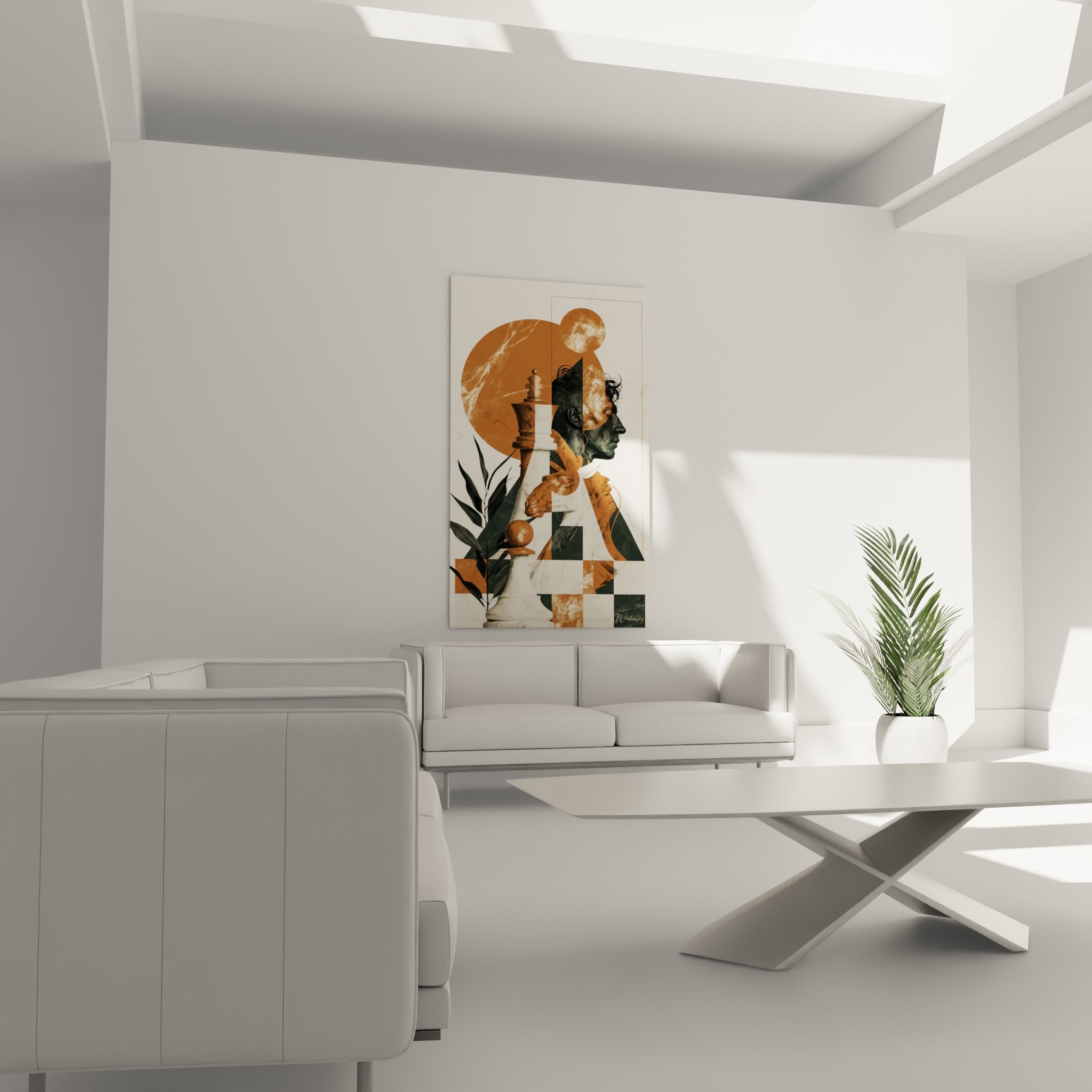 Pion et feuillage sombre du tableau échecs terracotta au-dessus d'un canapé dans un salon lumineux