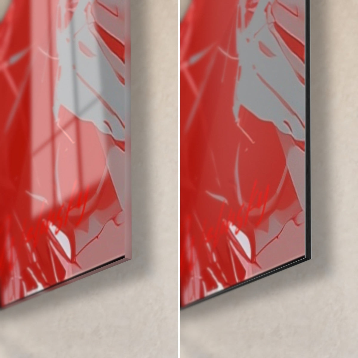 Wall art red and black lacquered checkerboard, bottom right corner: glossy acrylic glass on the left, matte Dibond aluminum on the right, 3 mm edge
