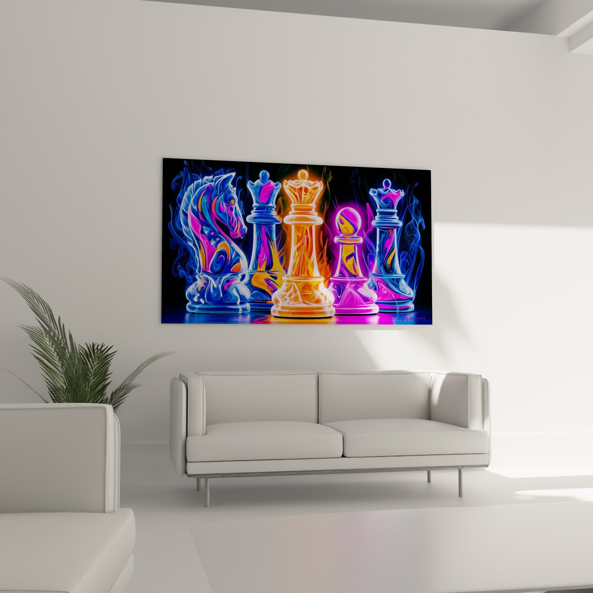 Reine et pion d'échecs rose fuchsia et bleu glacial au-dessus d'un canapé dans un salon lumineux