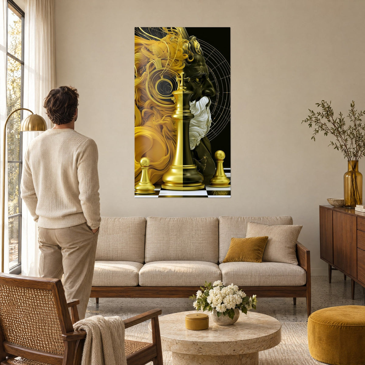 Schilderij van een gouden schaakkoning tegenover een zwart profiel met witte baard, gele krullen in krullende vormen, boven een bank in een lichte woonkamer