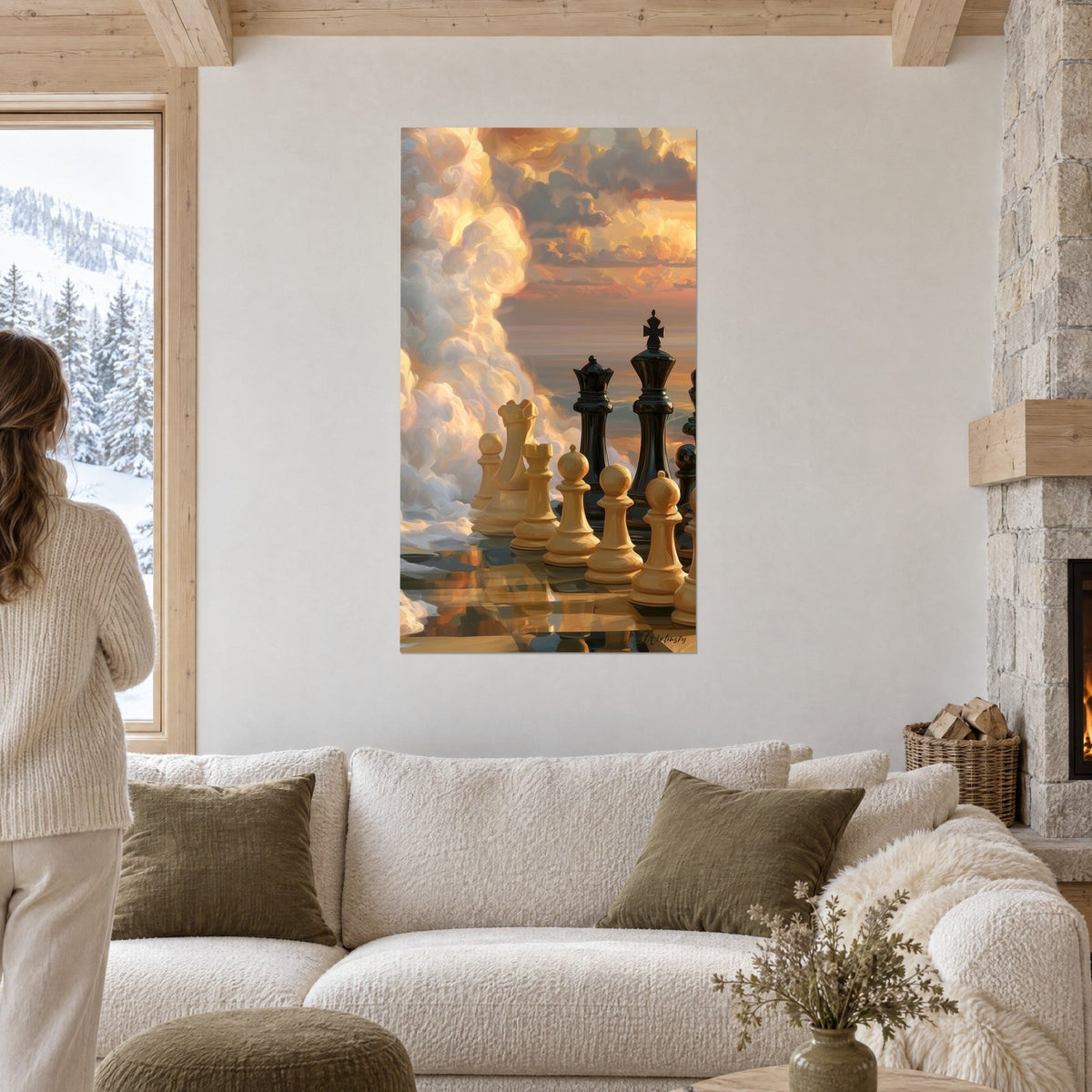 Wall art ivory chess pieces facing black ones on golden clouds, above a sofa in a bright living room