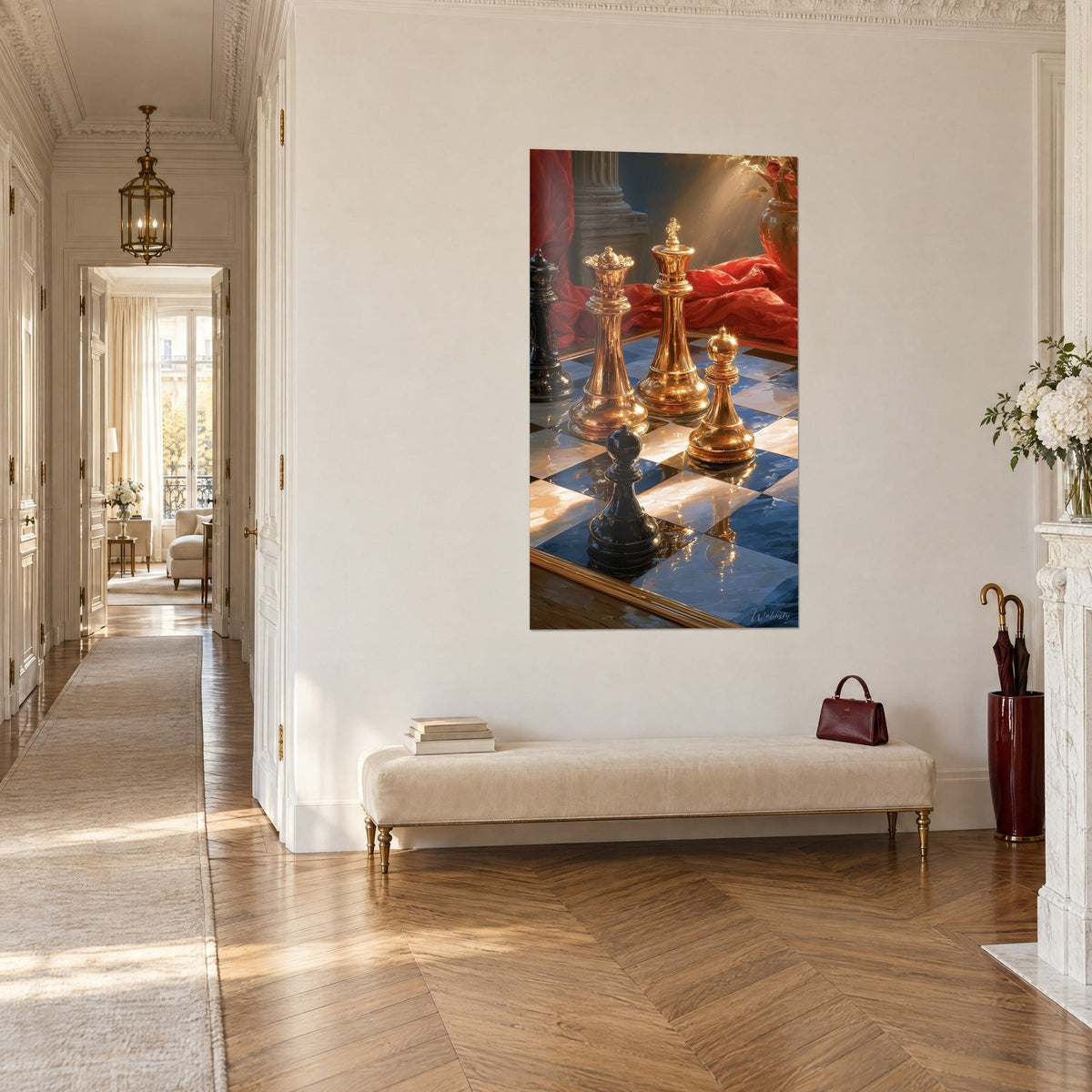 Wall art shiny gold chess pieces on marbled chessboard, scarlet drapery and sunbeam, hung in a Haussmann-style hallway