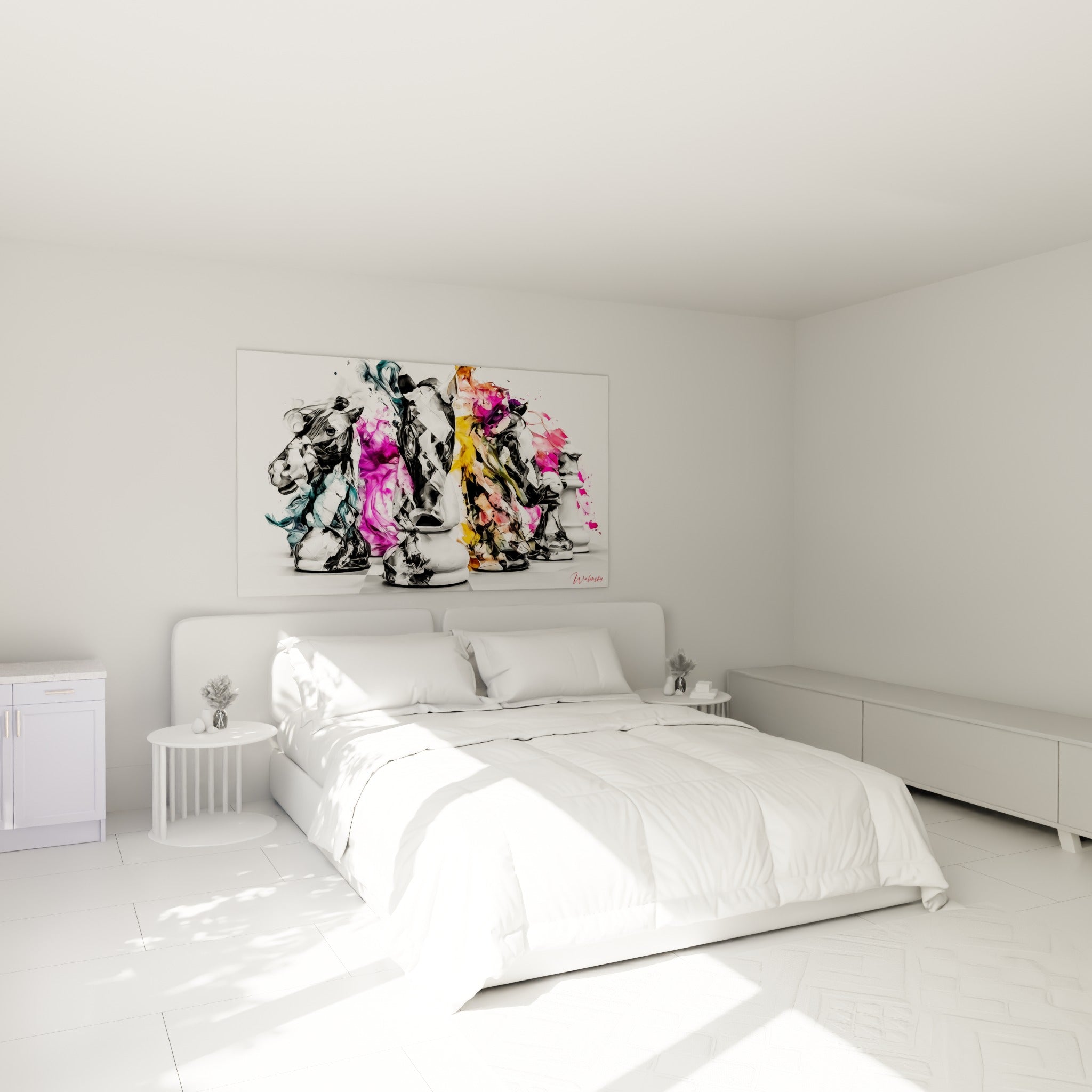 Pièces d'échecs roses et anthracite en explosion picturale au-dessus d'un lit dans une chambre claire
