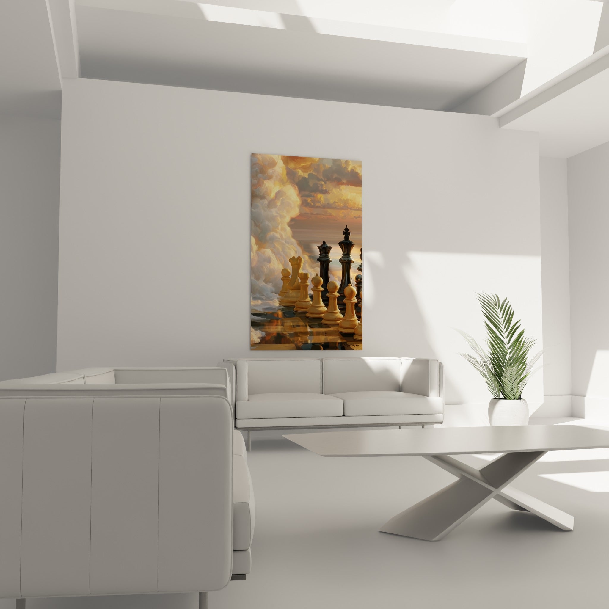 Plateau d'échecs reflétant les nuages dorés et pastel, au-dessus d'un canapé dans un salon lumineux