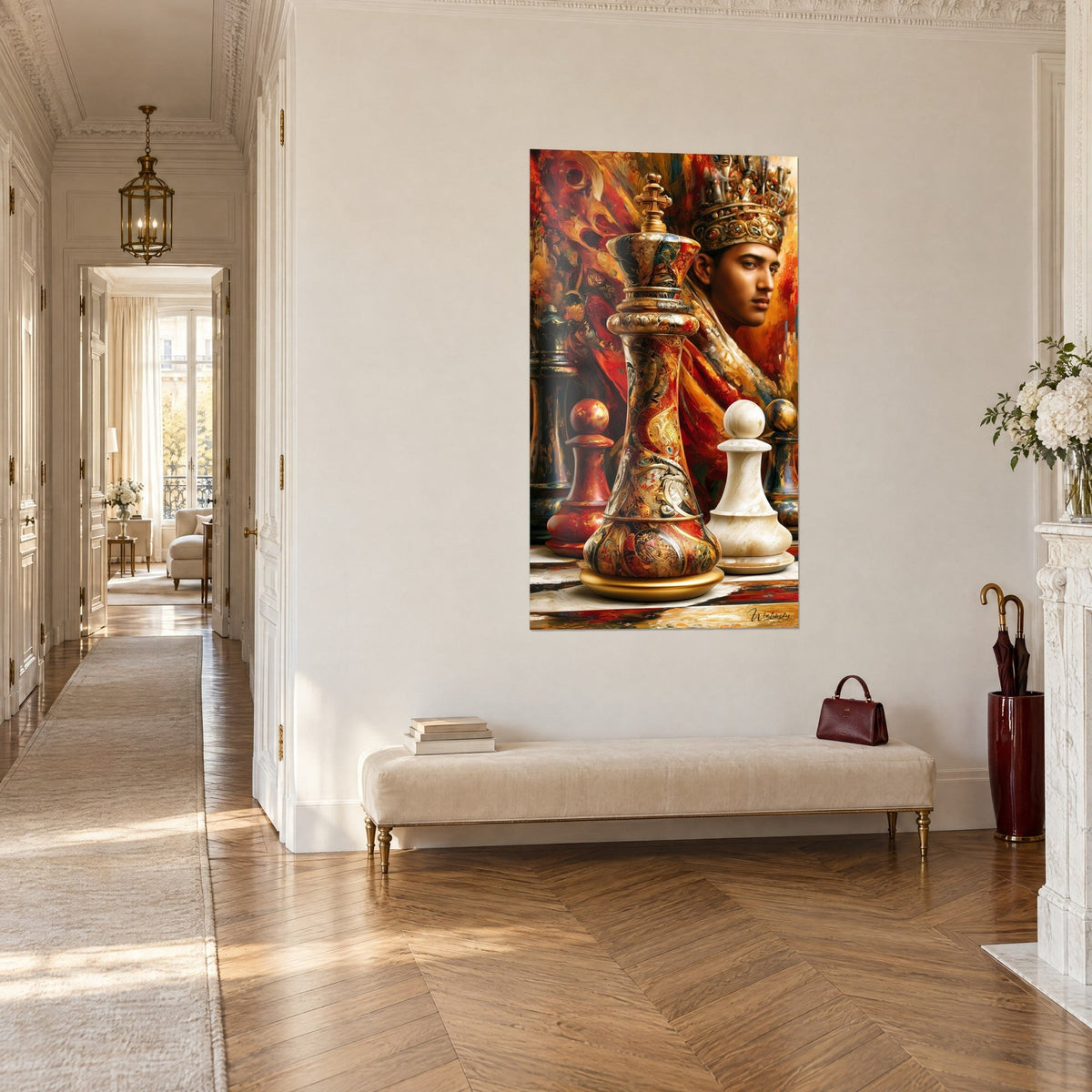 Schilderij gekroonde vorst en monumentaal stuk in rood en goud, gemarmerde ivoren pion, driekwartzicht in een gang in Haussmann-stijl