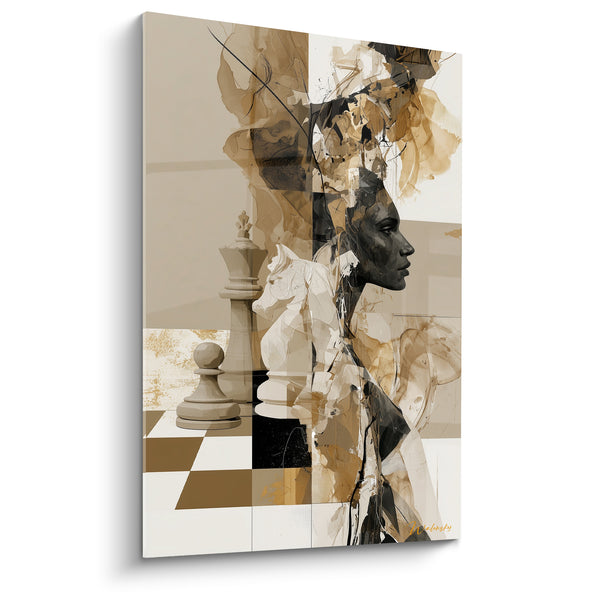 Tableau Silhouette et pièces d'échecs beige noir - Stratégie intérieure - Edition Echecs