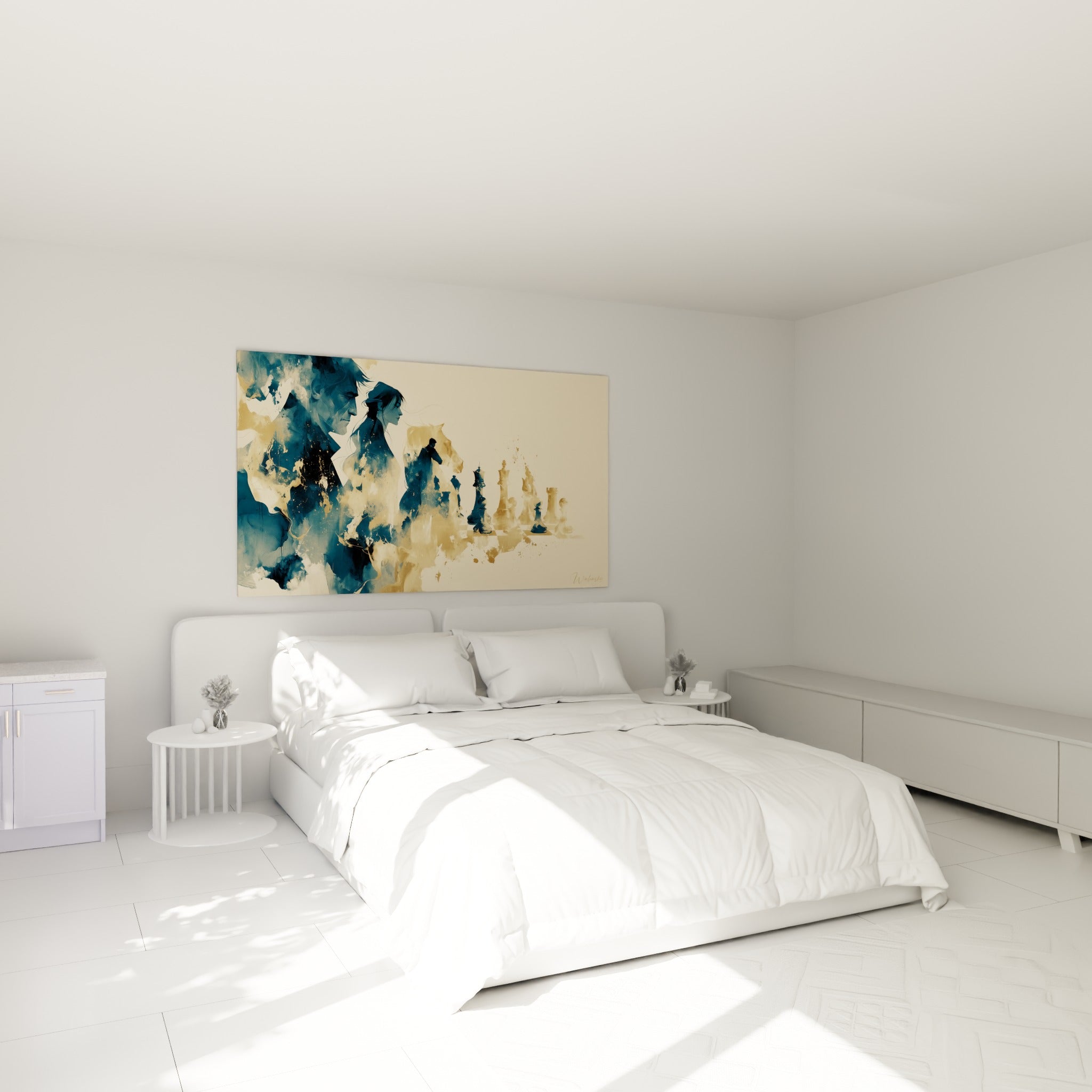 Profils bleu marine et cavalier doré aux échecs, au-dessus d'un lit dans une chambre claire