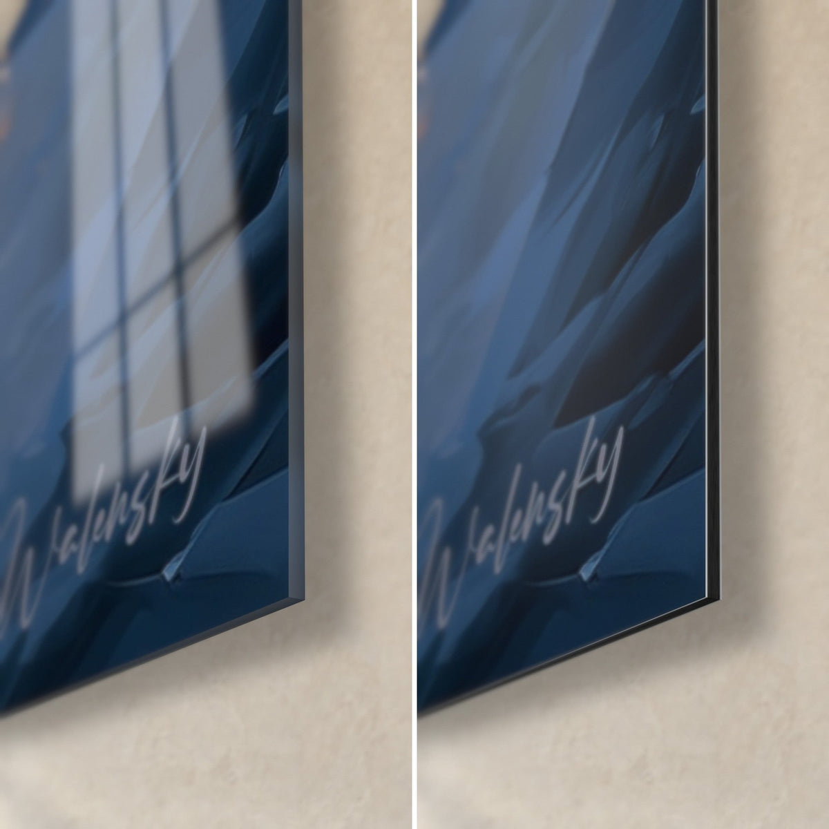 Wall art gold and black chess set, bottom right corner: glossy night-blue acrylic glass on the left, matte Dibond aluminum and edge on the right