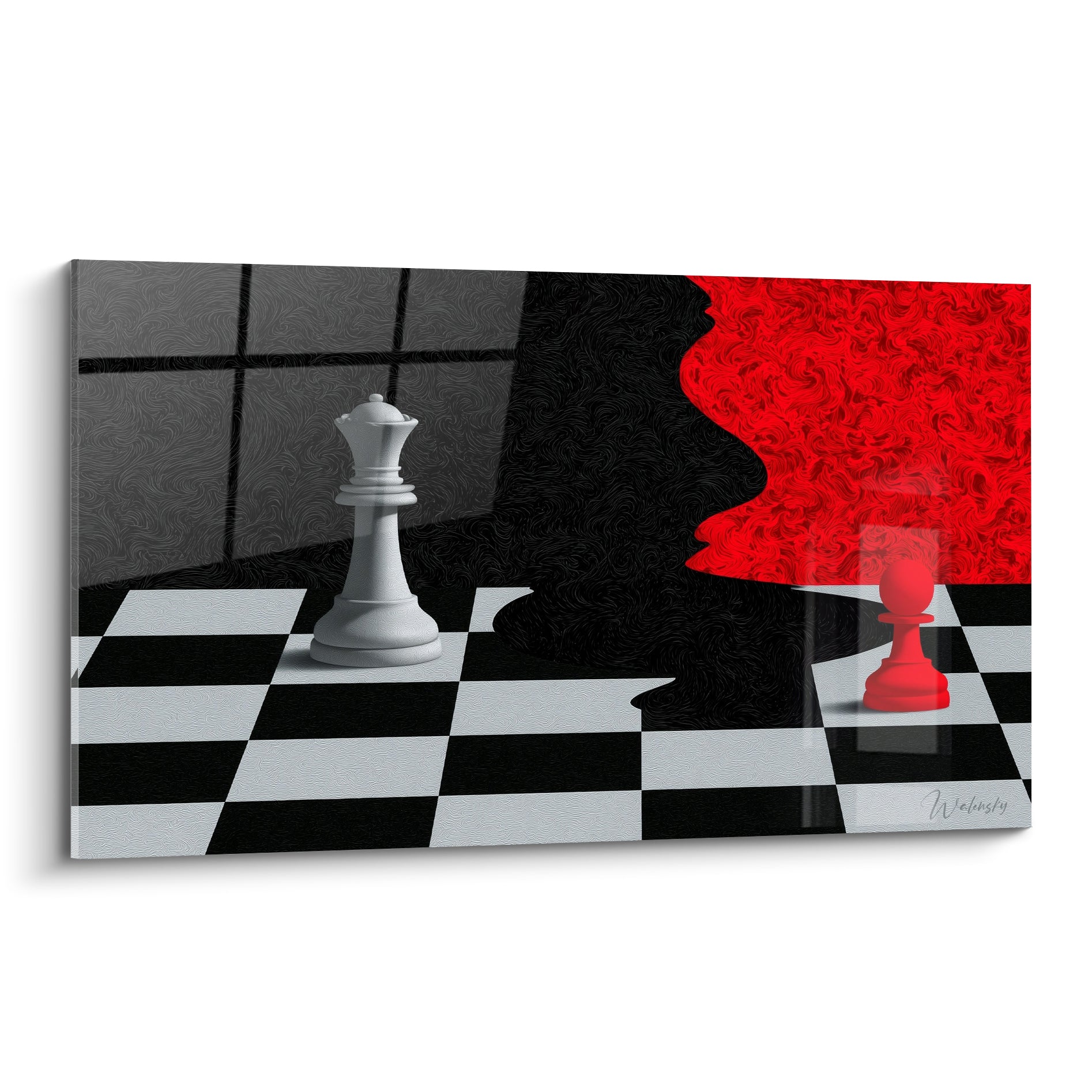 Reine blanche et pion rouge sur échiquier noir, fond gris anthracite et rouge tourbillonnant
