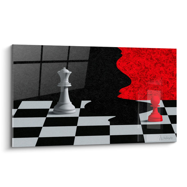 Tableau Reine blanche et pion rouge sur damier - Fond noir tourbillonnant - Edition Echecs