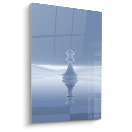 Tableau Reine bleu ardoise et blanc reflet vaporeux - Souveraineté silencieuse - Edition Echecs