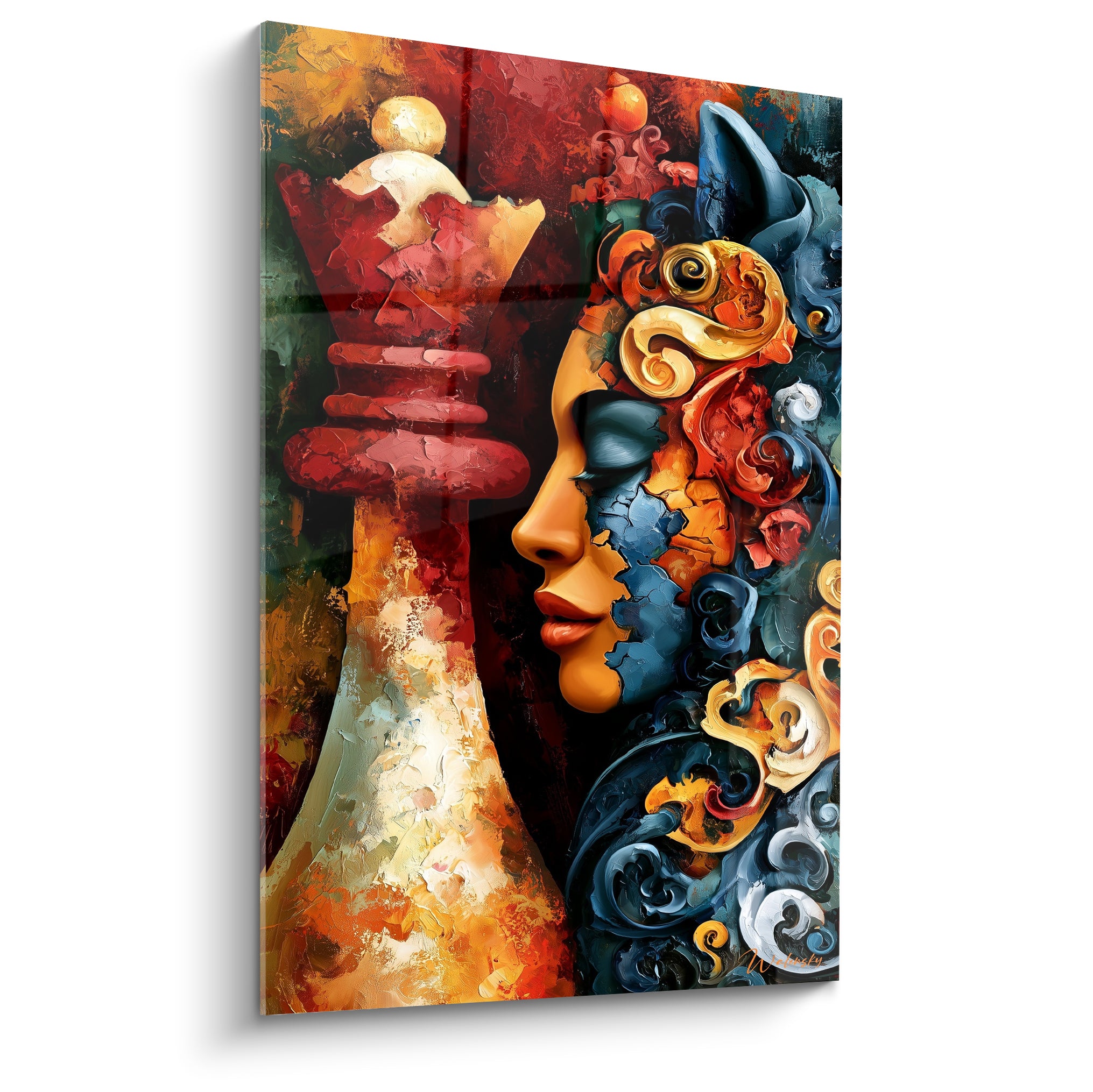 Profil féminin bleu marine et tour terracotta sur ce tableau Échecs à la texture peinte intense