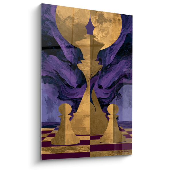 Tableau Pièces d'échecs dorées sur fumée violette - Stratégie nocturne - Edition Echecs