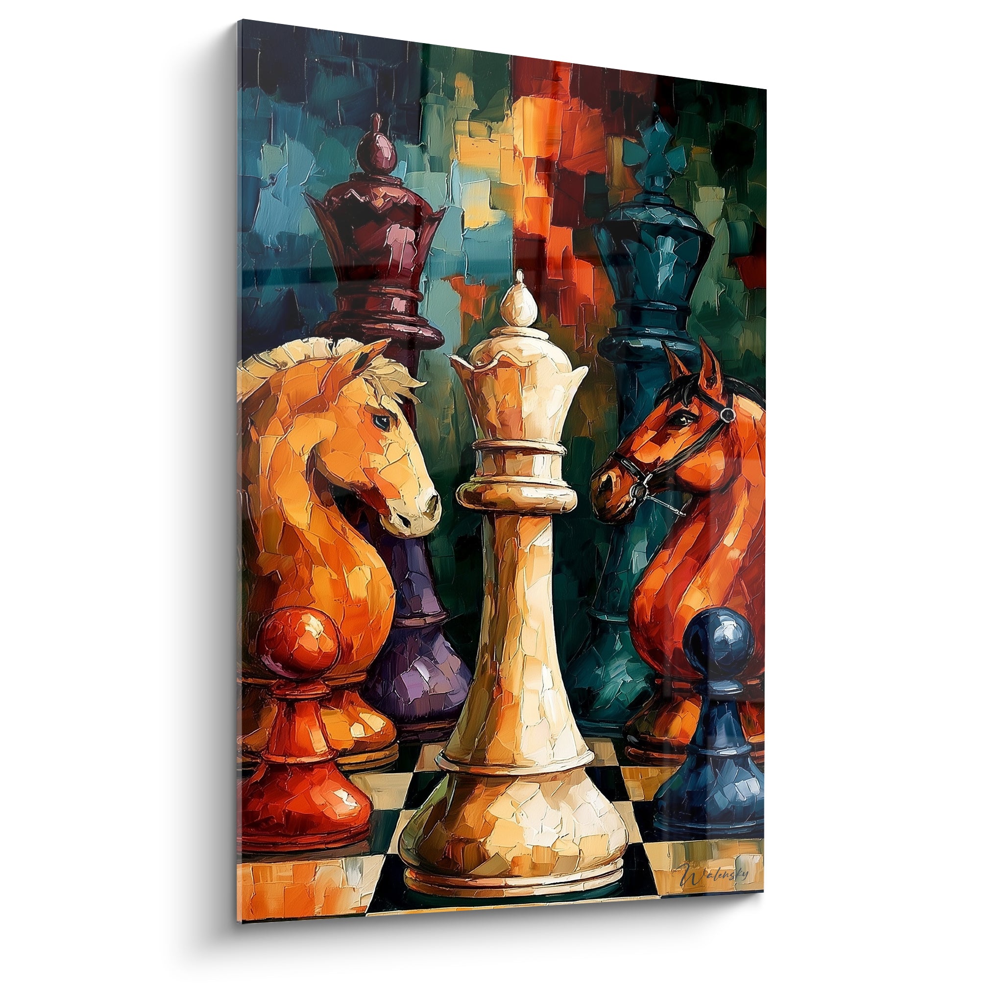 Échiquier peint au couteau, reine ivoire et cavaliers terracotta sur fond bleu pétrole abstrait