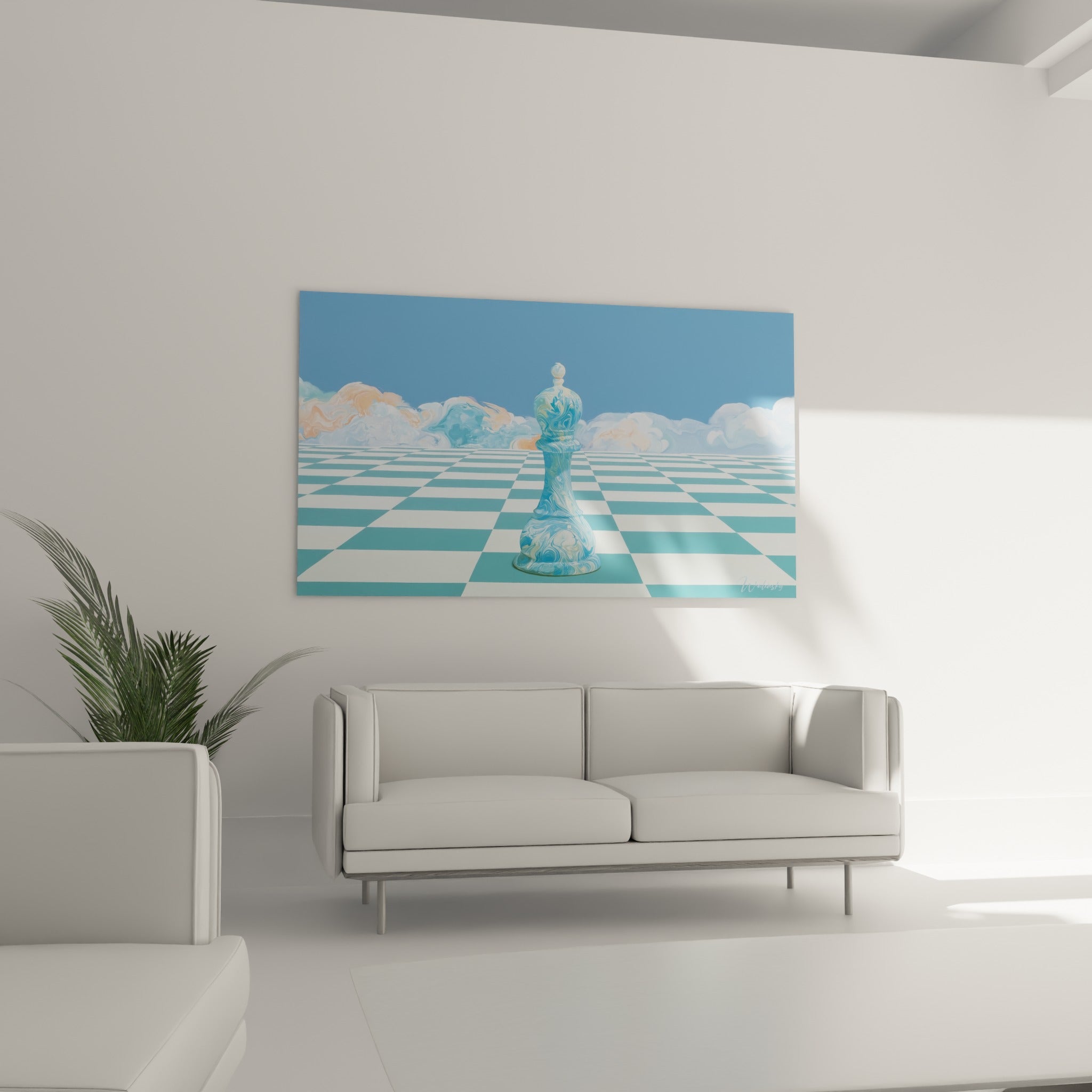 Silhouette d'échecs turquoise et blanche au-dessus d'un canapé dans un salon lumineux, ciel marbré en arrière-plan