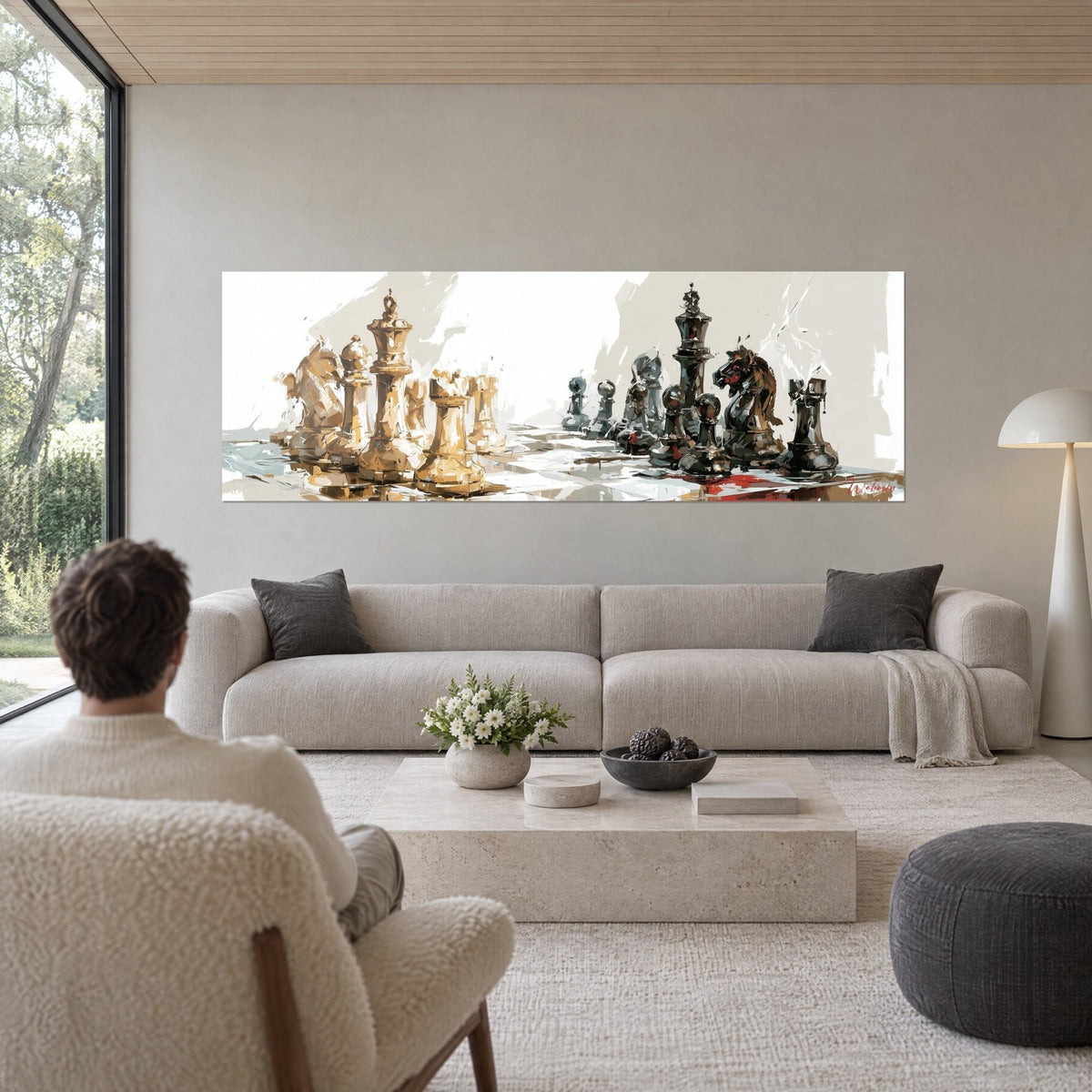 Wall art chess game with gold and charcoal pieces, king and knight facing each other, above a sofa in a bright living room