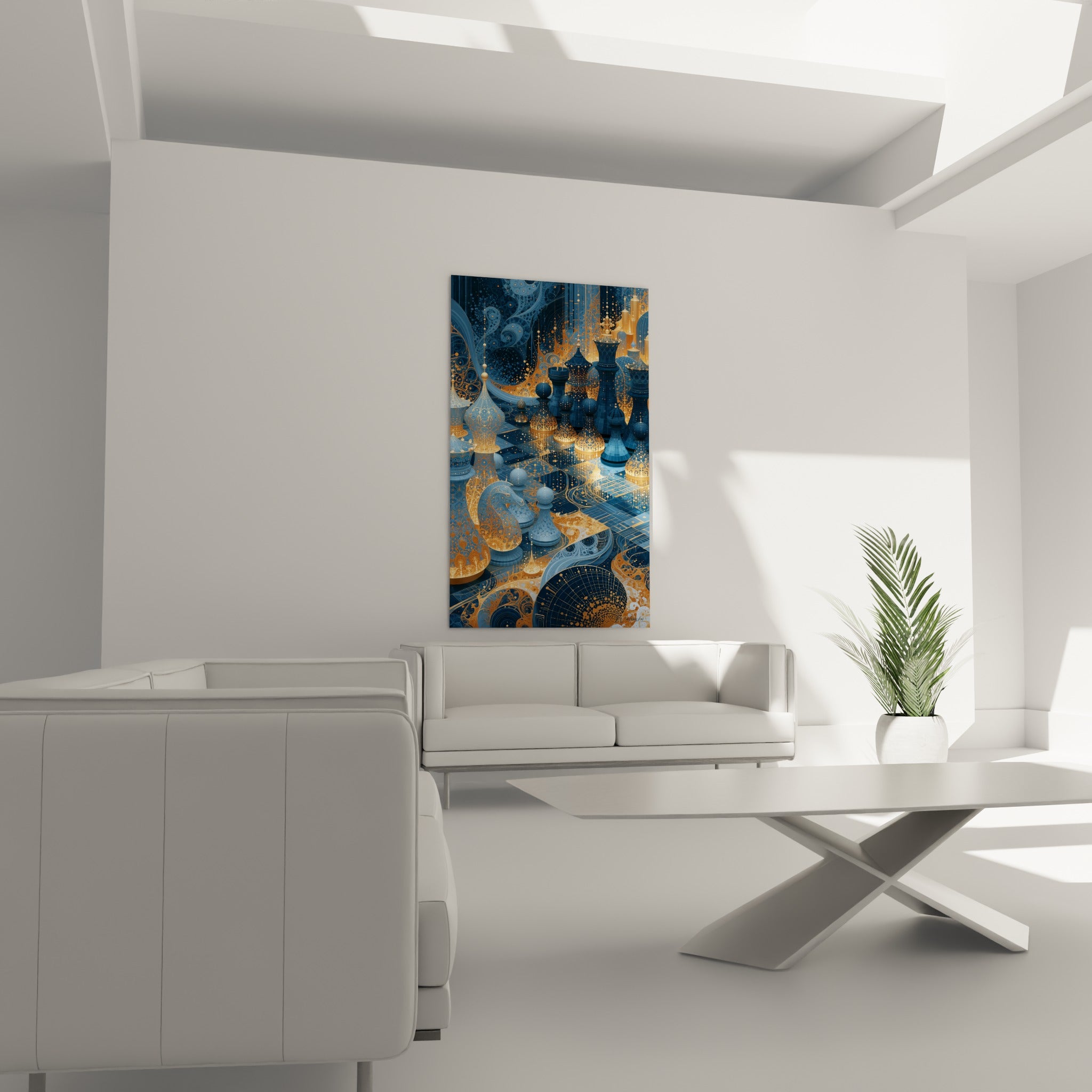 Roi et cavalier ornés de motifs dorés sur fond bleu marine, au-dessus d'un canapé dans un salon lumineux