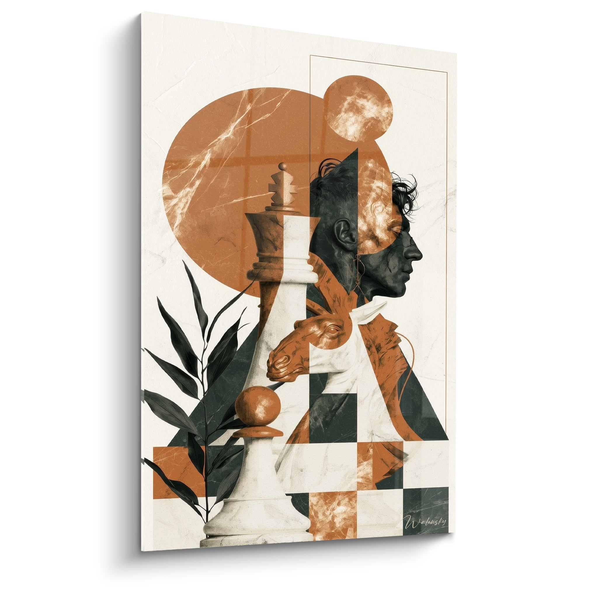 Profil fondu au roi terracotta et cavalier anthracite sur fond marbré blanc, style échecs graphique