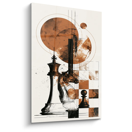 Tableau Cavalier noir et roux aux sphères orbitales - Pion et roi esquissés - Edition Echecs