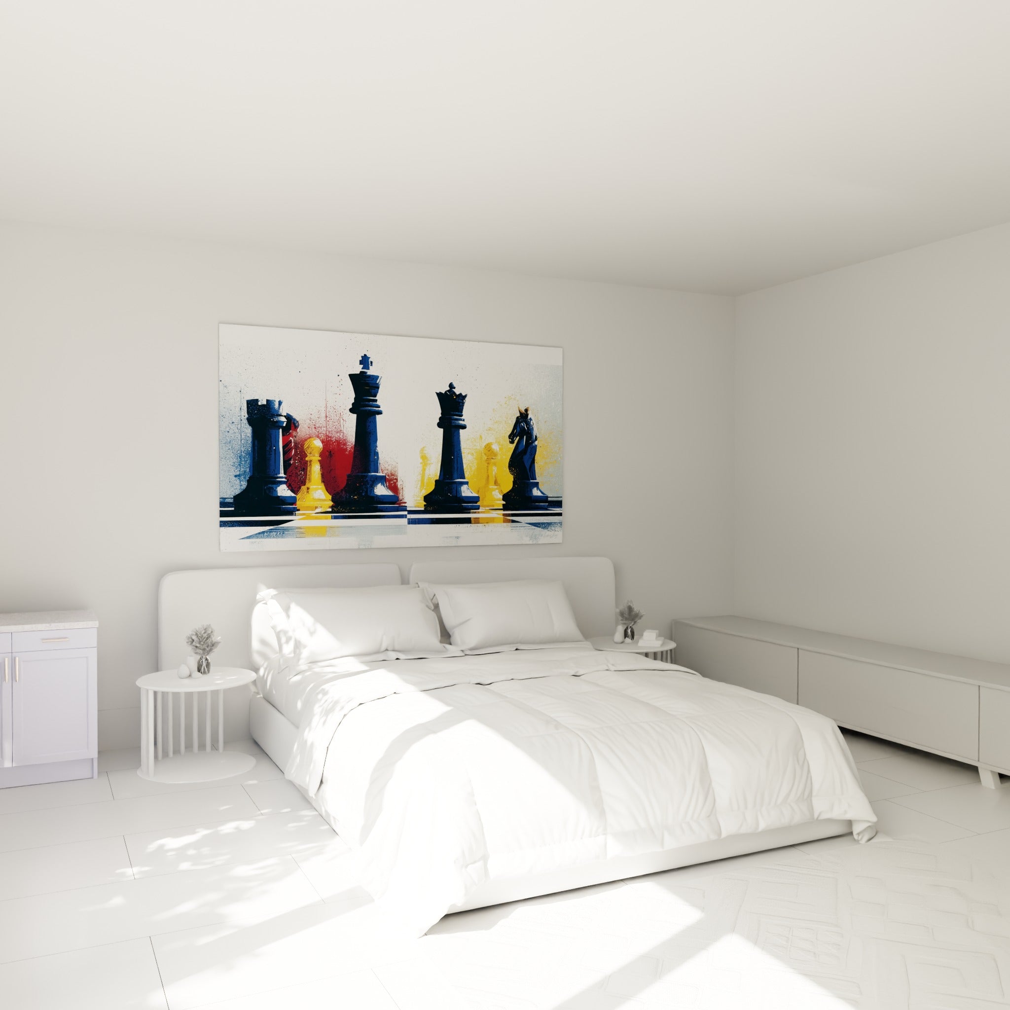 Roi et dame d'échecs bleu marine côtoyant des pions jaune moutarde au-dessus d'un lit dans une chambre claire