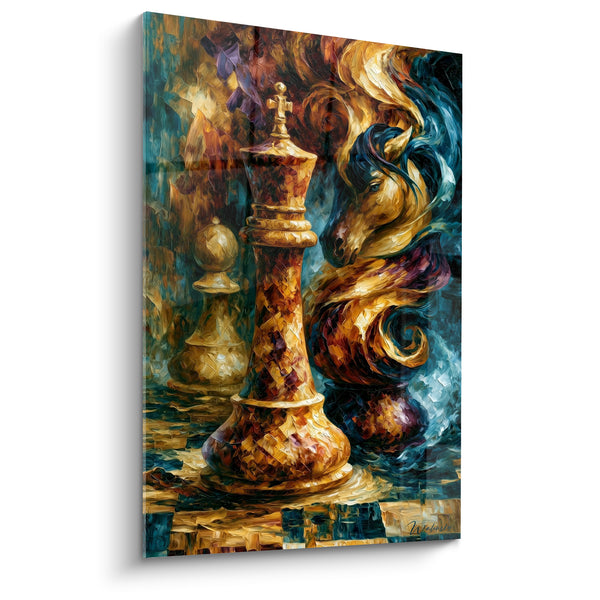 Tableau Roi doré et bleu turquoise près d'un cavalier - Pion en arrière-plan - Edition Echecs
