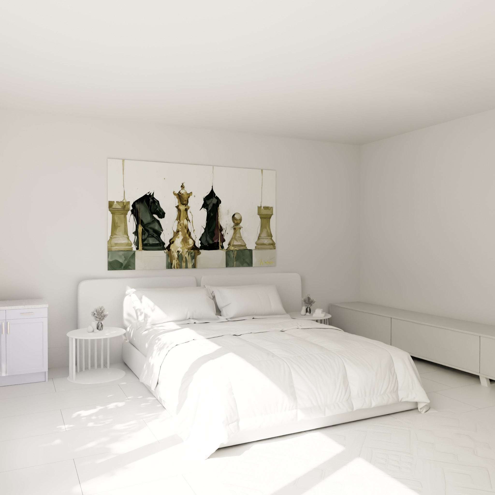 Échiquier doré et anthracite en fusion, accroché au-dessus d'un lit dans une chambre claire