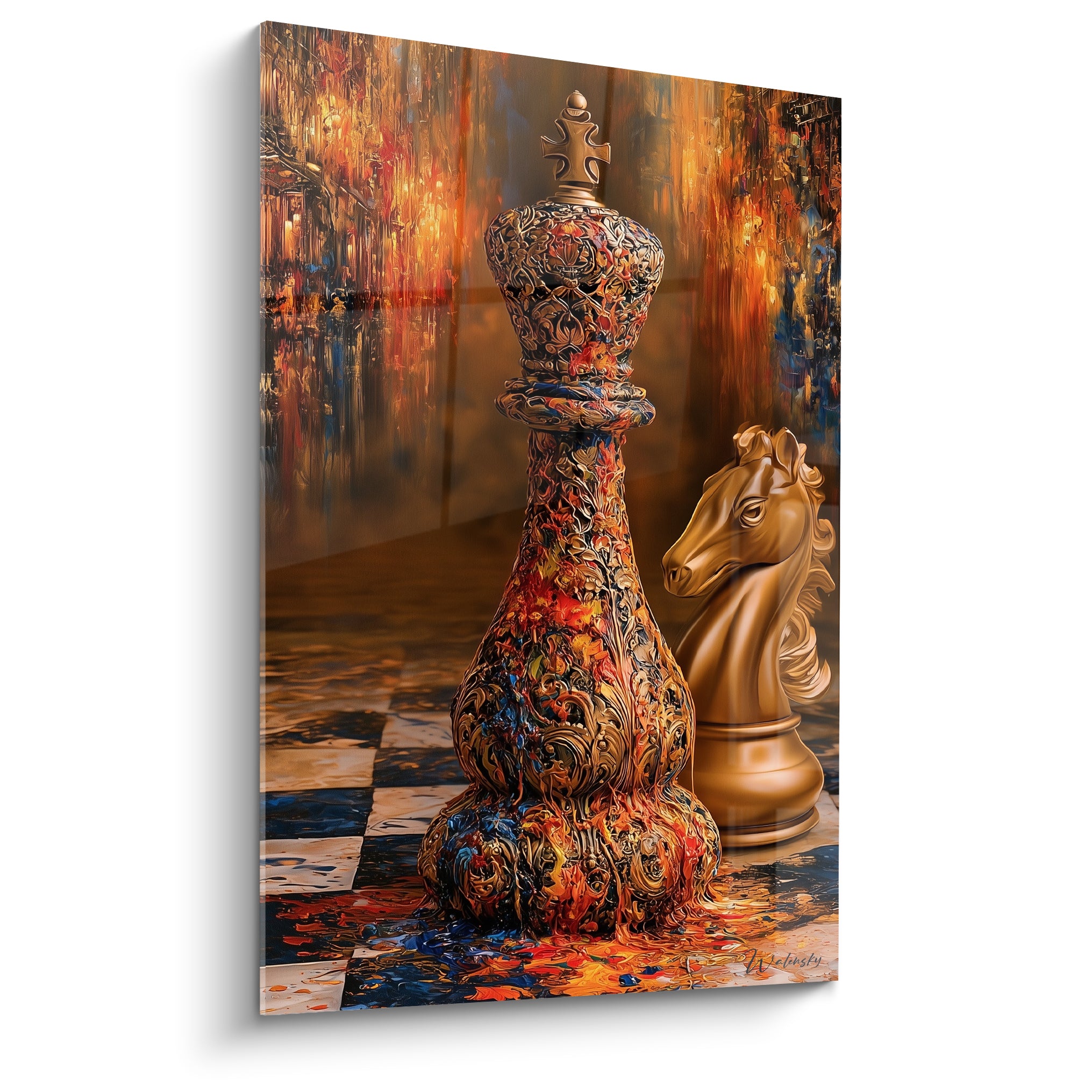 Roi échecs orné aux coulures orange et bleu marine face à un cavalier doré