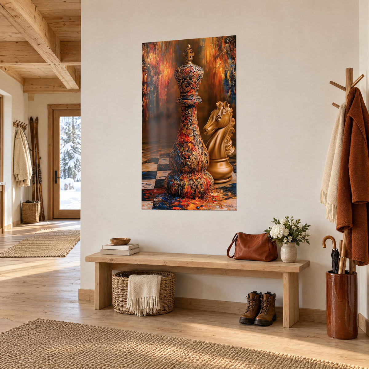 Gemälde mit einer ornamentalen Schachdame mit roten und goldenen Schnörkeln, goldener Springer auf Schachbrett, in einem Chalet-Eingang aufgehängt
