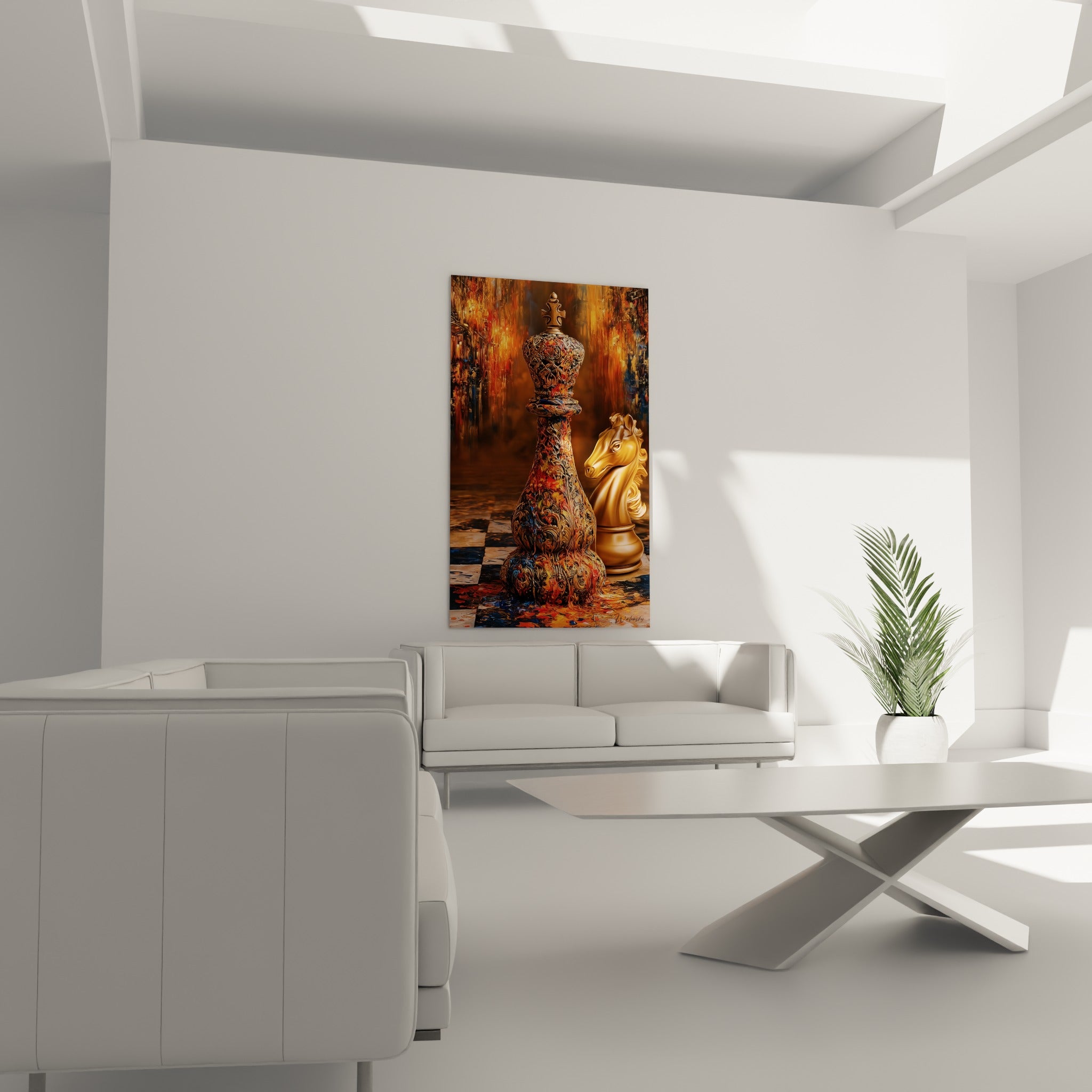 Pièces d'échecs dorées et ambrées du tableau accrochées au-dessus d'un canapé dans un salon lumineux