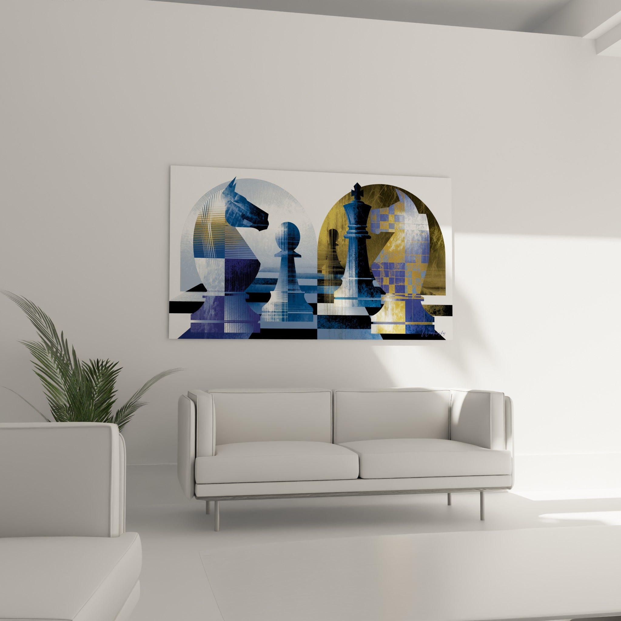Roi noir et cavalier doré du tableau échecs accrochés au-dessus d'un canapé dans un salon lumineux