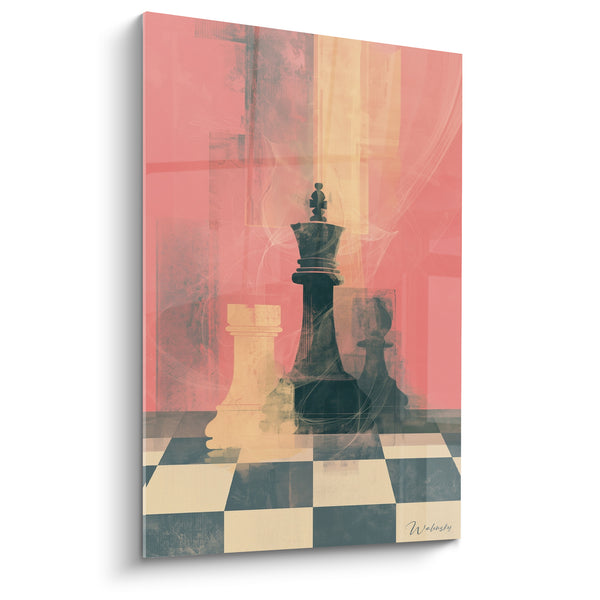 Tableau Roi noir sur fond rose corail vaporeux - Volutes de fumée translucides - Edition Echecs