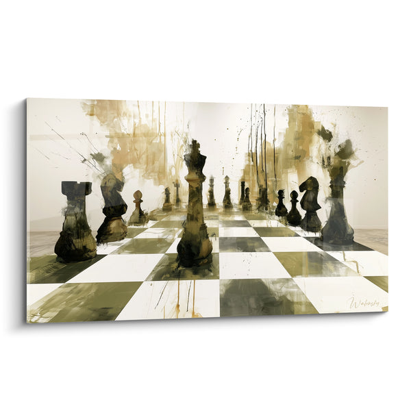 Tableau Échiquier kaki et ivoire aux coulures verticales - Rangée de pions alignés - Edition Echecs