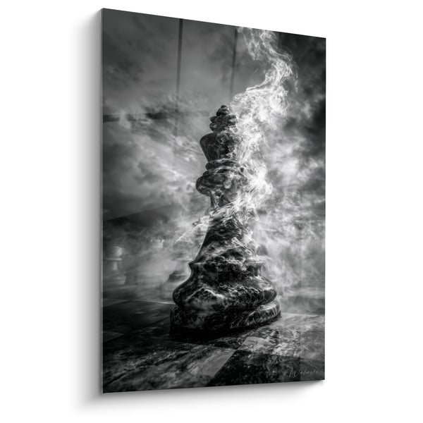 Tableau Roi noir et blanc enveloppé de fumée - Souffle du pouvoir - Edition Echecs
