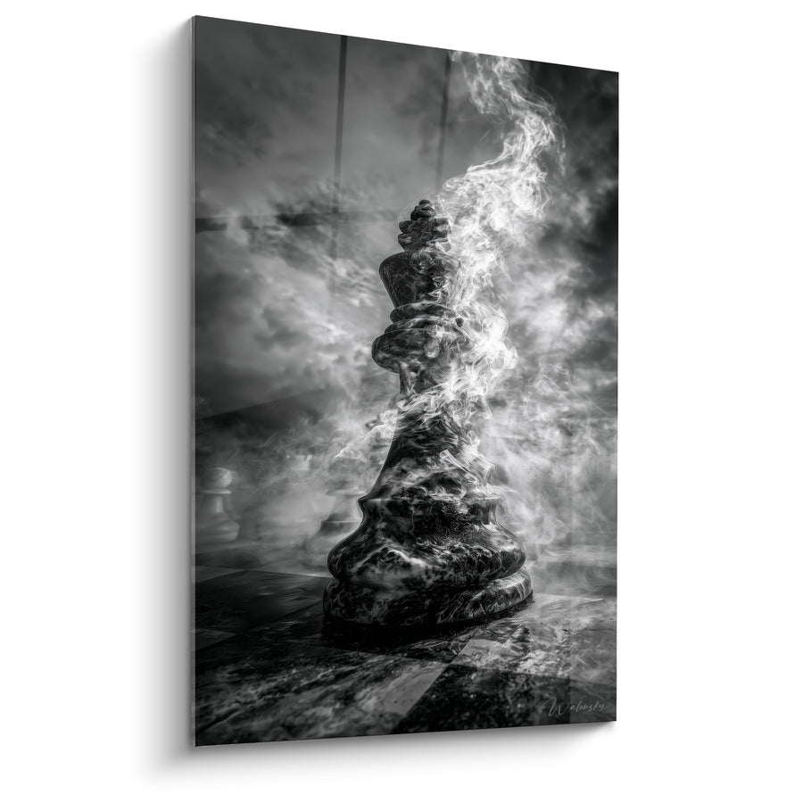 Tableau Roi noir et blanc enveloppé de fumée - Souffle du pouvoir - Edition Echecs