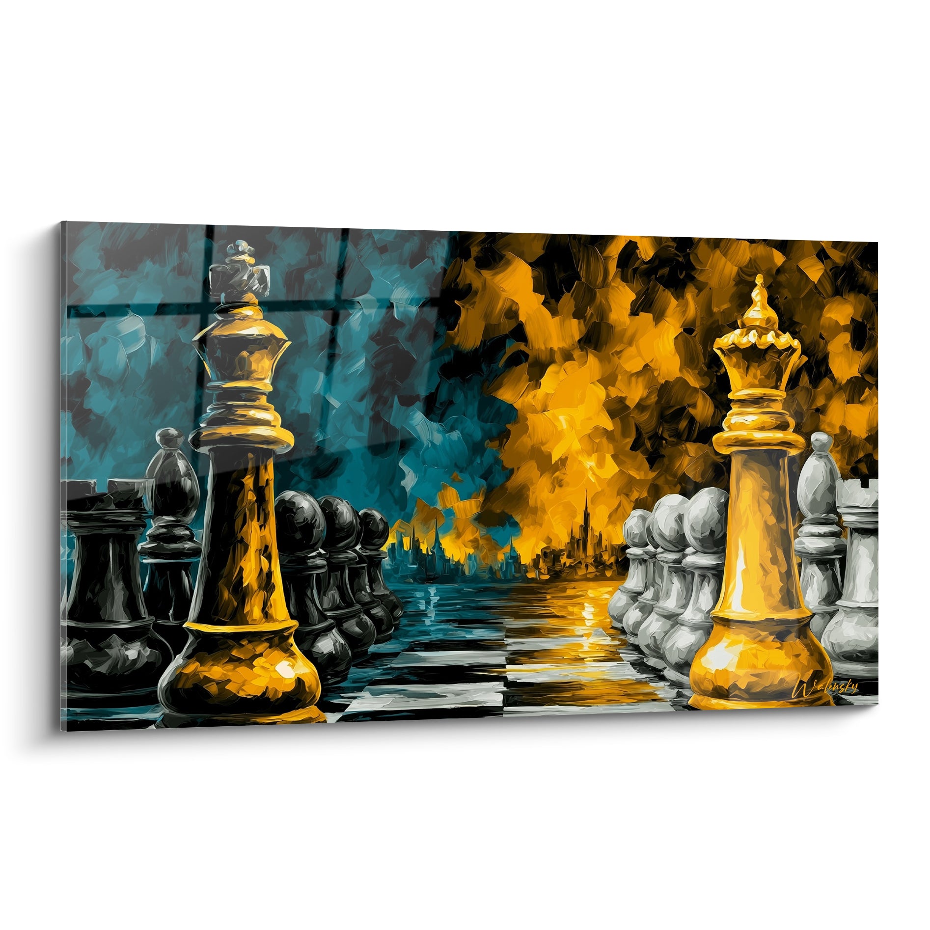Rois d'échecs noir et doré face à une ville en flammes, toile bleu sarcelle et ocre
