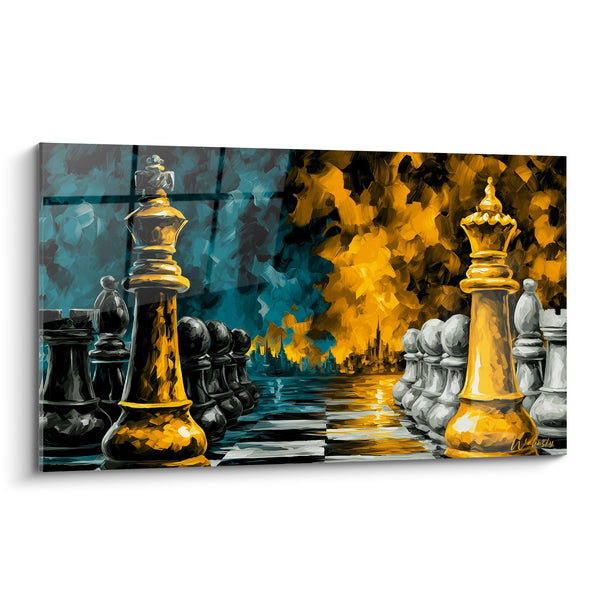 Tableau Rois d'échecs face à une skyline dorée - Face-à-face royal - Edition Echecs