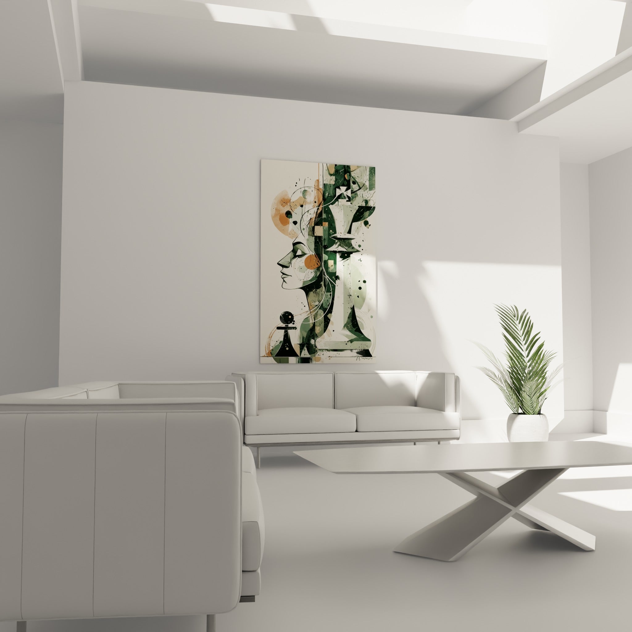 Visage stylisé et roi d'échecs vert au-dessus d'un canapé dans un salon lumineux