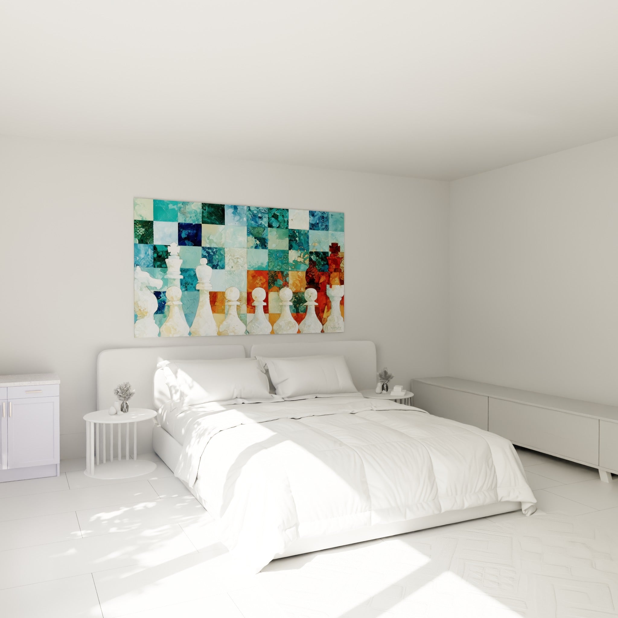 Rangée de pions et roi blancs sur fond bleu et rouille, au-dessus d'un lit dans une chambre claire
