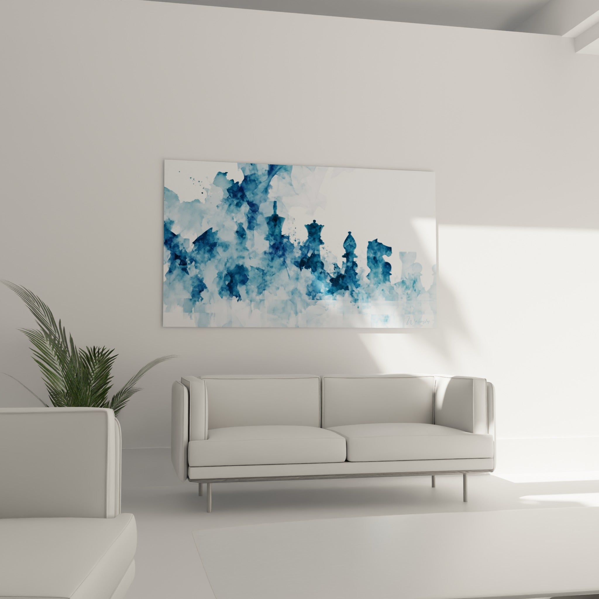 Roi et reine d'échecs en aquarelle bleu nuit et blanc au-dessus d'un canapé dans un salon lumineux