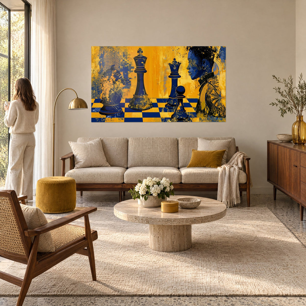 Quadro scacchiera blu notte e giallo senape, re nero e profilo africano, sopra un divano in un soggiorno luminoso