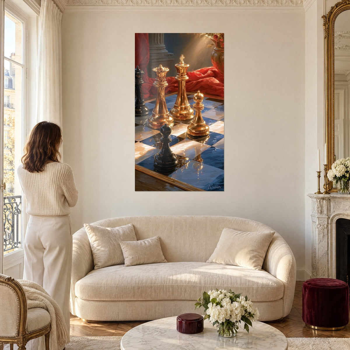 Wall art golden chess king and queen on night-blue checkerboard, red drapery, woman seen from behind, above a sofa in a bright living room