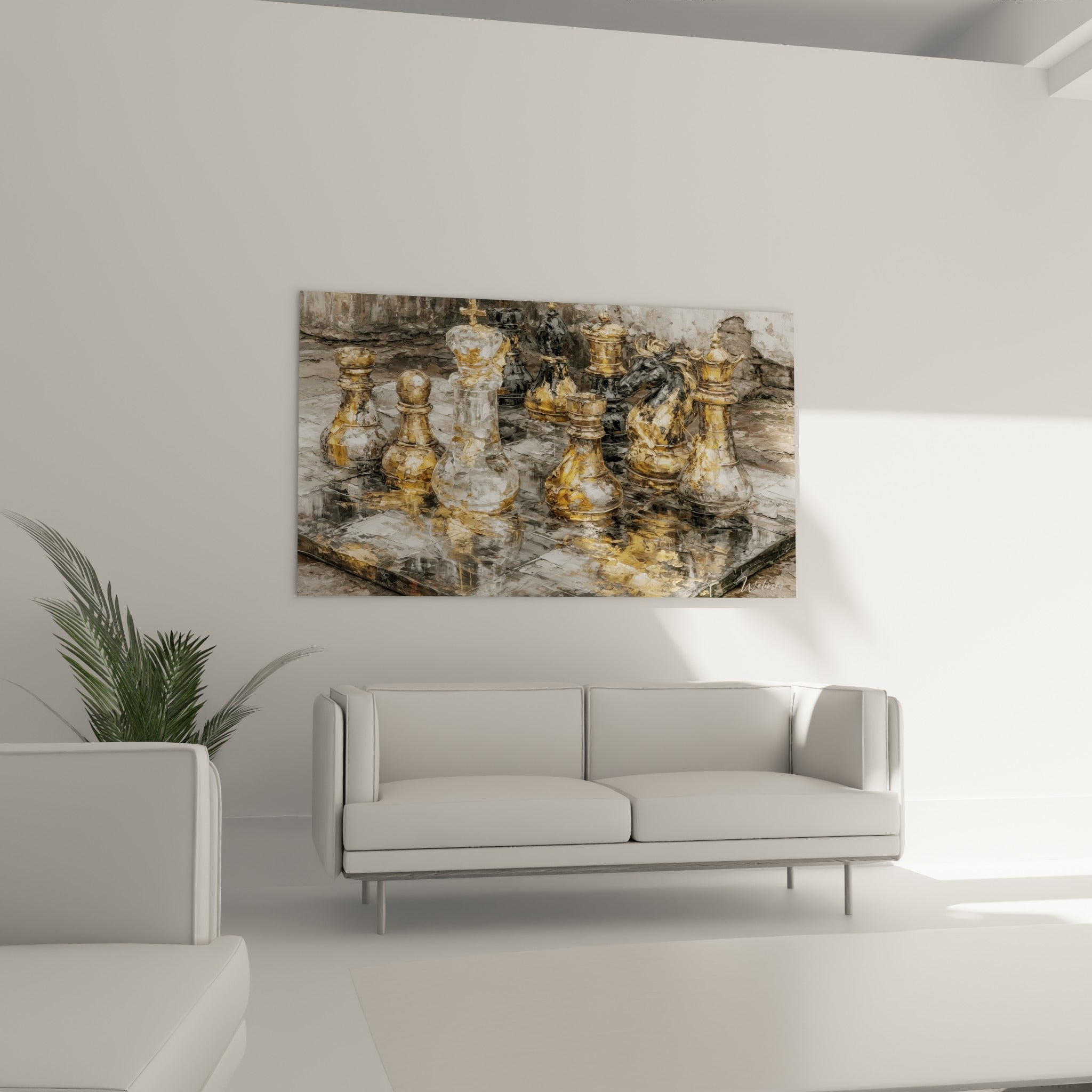 Roi argenté et reine dorée d'un échiquier, texture métallique, au-dessus d'un canapé dans un salon lumineux