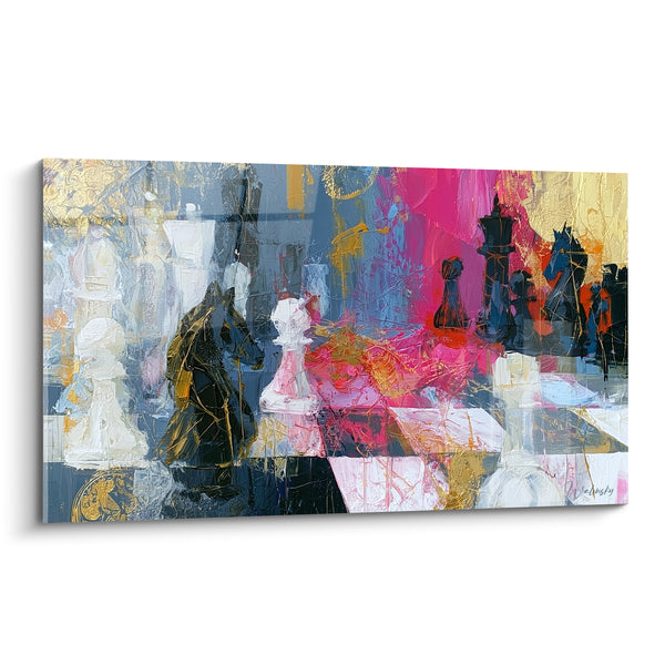 Tableau Cavalier noir et blanc sur échiquier rose fuchsia - Empâtements dorés éclatants - Edition Echecs