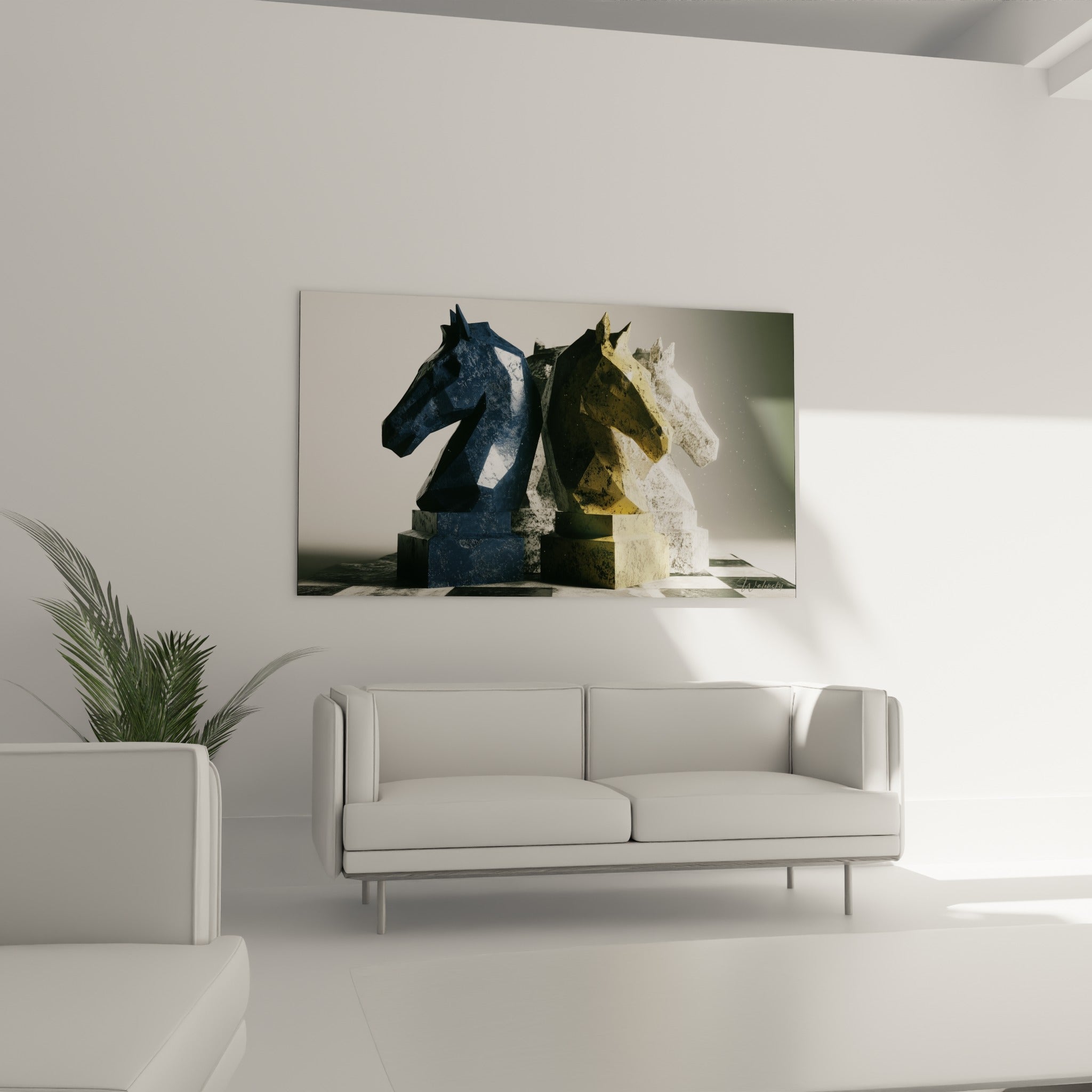 Trois têtes de cavalier bleu marine, doré et blanc au-dessus d'un canapé dans un salon lumineux